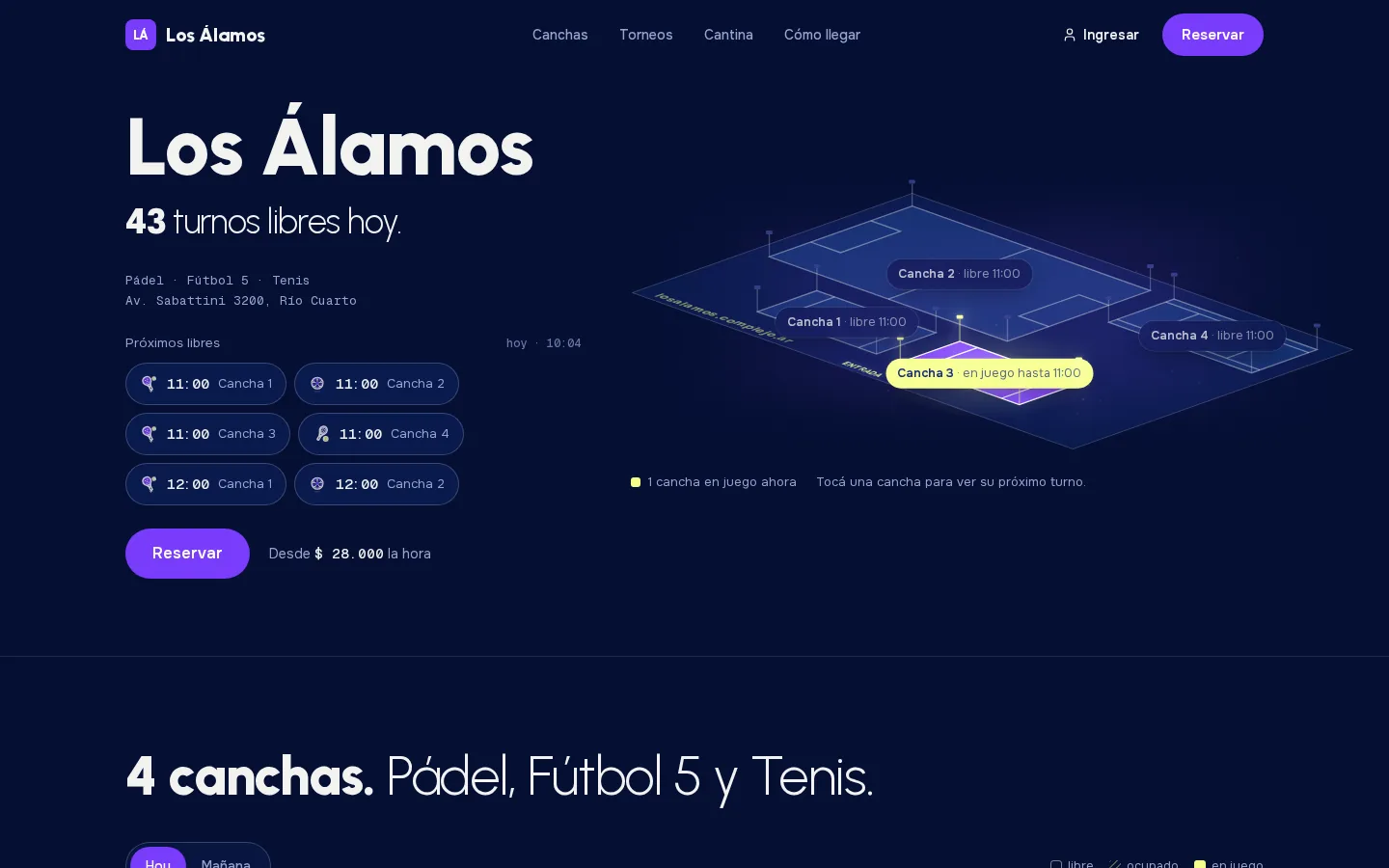 La web de Los Álamos en la compu: el plano del complejo, los turnos libres de hoy y el botón para reservar